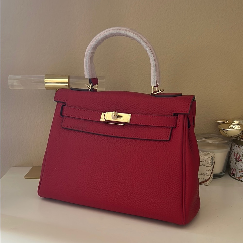 Top Handle Belted Leather Satchel 25cm Red